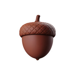 A 3D render of a cartoon style small brown acorn with a minimalist style. The acorn is isolated on a transparent background. The acorn has a small cap at the top.