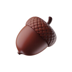 A 3D render of a cartoon-style, small brown acorn with a minimalist style. The acorn is isolated on a transparent background.
