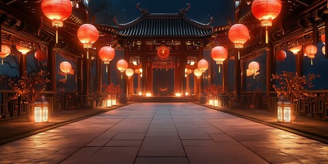 Obraz premium New Year decoration, Chinese lanterns, lanterns, Chinese temple fair, Chinese lantern festival, light, front and back view, HD, masterpiece, 8K, real style,