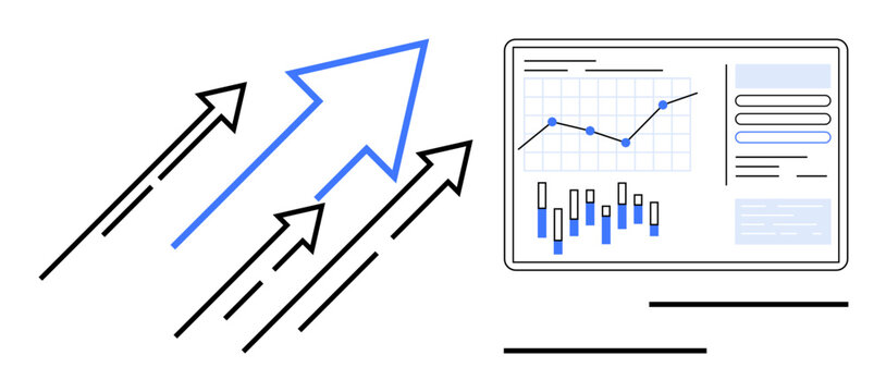 Arrows moving upward next to data charts on a screen, highlighting success and growth. Ideal for business strategy, financial performance, economic trends, market research, investment growth