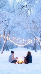 Two individuals are sitting together around a warm fire in the snowy landscape, enjoying the chilly winter atmosphere outside. Romantic picnics in winter landscapes