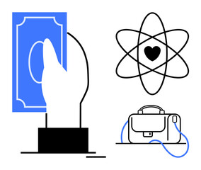 Hand holding blue money, atomic heart symbol, and briefcase representing money, love, and professional life. Ideal for finance, love, work-life balance, business, career, relationships