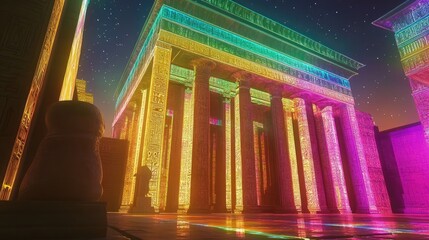 A cyber-temple blending ancient architecture with holographic projections