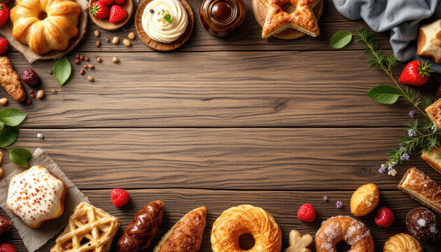  A variety of baked goods, including pastries, cakes, and breads, are arranged on a rustic wooden surface, with fresh berries and leaves adding a touch of nature.