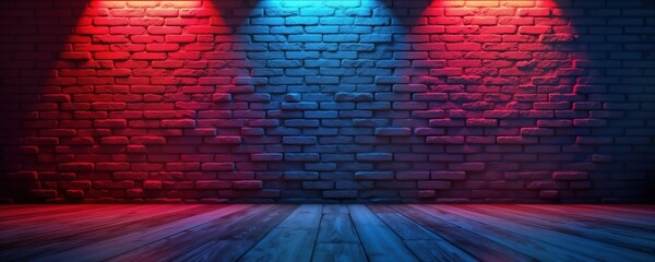 Empty room with brick wall, wooden floor. Neon lights create red, blue gradient effect. Stylish interior design for photo stock. Suitable for product presentations advertising campaigns. Perfect for