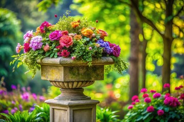 Stone pedestal cradles vibrant flowers, their lush foliage sharply detailed in a nature still life.