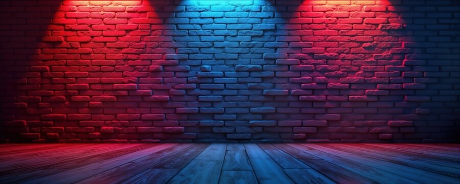 Empty room with brick wall, wooden floor. Neon lights create red, blue gradient effect. Stylish interior design for photo stock. Suitable for product presentations advertising campaigns. Perfect for