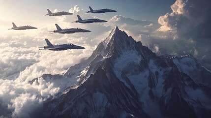 Fototapeta premium Group of fighter jets flying in formation in the sky above a mountain peak. Concept of might and power. Air Force. Illustration for cover, postcard, interior design, poster, brochure or presentation.
