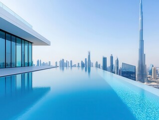 Fototapeta premium Modern residence with rooftop infinity pool, panoramic city view, sleek lines and clean design, bright afternoon sunlight