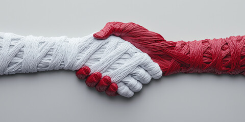 Red and White Stranded Hands in Handshake