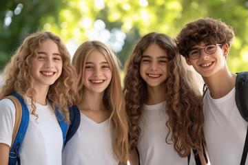 Fototapeta premium Group of smiling friends enjoying a sunny day at the park in casual attire