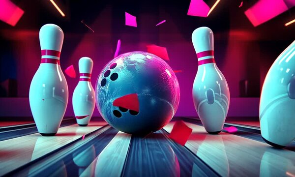 A vibrant bowling scene with neon lights and pins.
