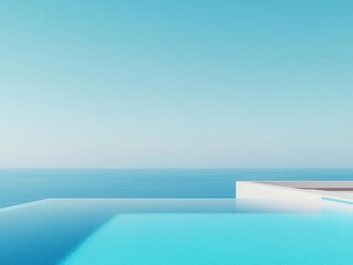 Obraz premium Infinity pool on the rooftop of a luxury residence, ocean view blending into the sky, sleek minimalist design, clear reflections