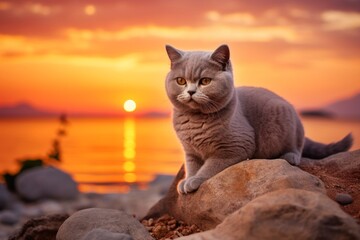 Obraz premium Portrait of a cute british shorthair cat isolated on beautiful beach sunset