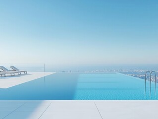 Obraz premium Rooftop pool at a highend residence, infinity pool blending into the city skyline, sleek architecture, bright sunlight