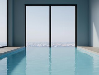 Rooftop pool at a highrise residence, seamless glass walls, view of the sprawling city below, calm water surface, bright daylight
