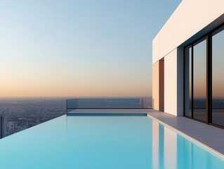 Fototapeta premium Rooftop pool at a highrise residence, seamless glass walls, view of the sprawling city below, calm water surface, bright daylight