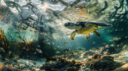 Stunning underwater photography capturing a sea turtle swimming gracefully above a coral reef, surrounded by vibrant fish