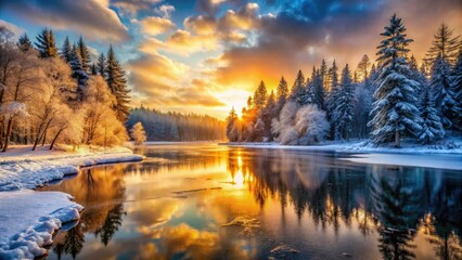 Fototapeta premium Sunrise paints a frosty wonderland: still lake, snow-covered trees, serene beauty.