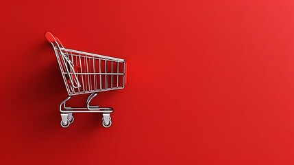 Red Shopping Cart on Red Background: Minimalist E-commerce Concept