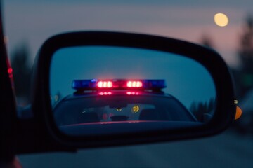 A police car with flashing lights seen through a car's side mirror at dusk. Suitable for law enforcement, traffic stops, or driving safety concepts.