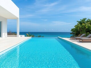 Fototapeta premium Luxurious rooftop pool with ocean view, infinity edge design, sleek lounge chairs, bright blue sky, modern residence