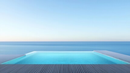 Obraz premium Rooftop swimming pool at a minimalist villa, glass edges blending with the landscape, natural wooden deck, serene atmosphere