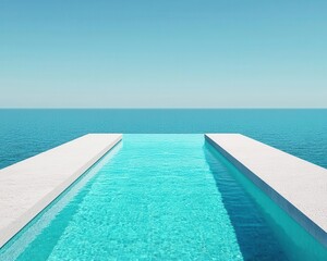 Fototapeta premium Infinity pool on the rooftop of a modern villa, ocean view, minimalist design, natural wooden deck, bright sunlight