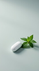 Magnesium capsules with mint leaf on a gray surface.