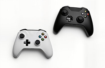 Two game controllers in white, black displayed on transparent background. Top view with subtle shadows on white surface. Controllers show modern gaming tech design. Isolated on white backdrop. Items