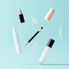 Obraz premium Floating makeup products on pastel blue background.