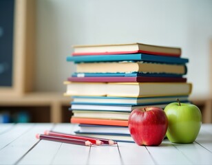 Stack of colorful books sits on white table. Red, green apples rest beside books. Red pencils lie next to fruits. Image represents education investment. School university supplies depicted. Learning