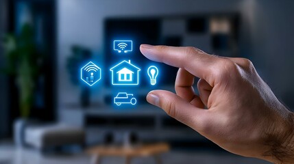 Naklejka premium Hand Touching Transparent Smart Home Technology Interface Icons