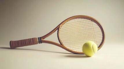 Vintage Tennis Racket and Yellow Tennis Ball on Soft Neutral Background, Perfect for Sports Themes, Retro Designs, or Athletic Promotions