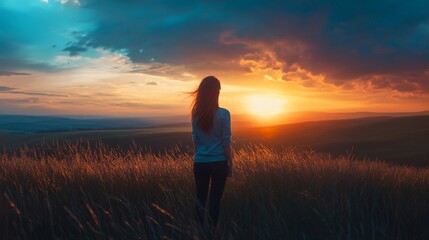 Silhouette of a Woman at Sunset in a Field