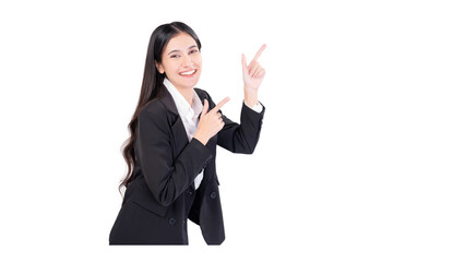 Happy young smiling professional business woman wearing black suit looking at camera pointing finger away at copy space showing aside presenting advertising offer studio shot
