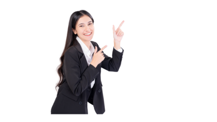Happy young smiling professional business woman wearing black suit looking at camera pointing finger away at copy space showing aside presenting advertising offer studio shot