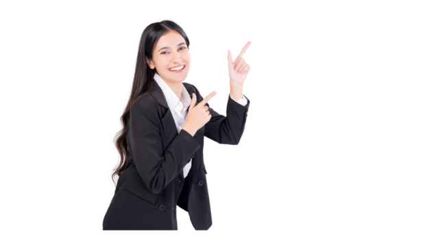 Happy young smiling professional business woman wearing black suit looking at camera pointing finger away at copy space showing aside presenting advertising offer studio shot
