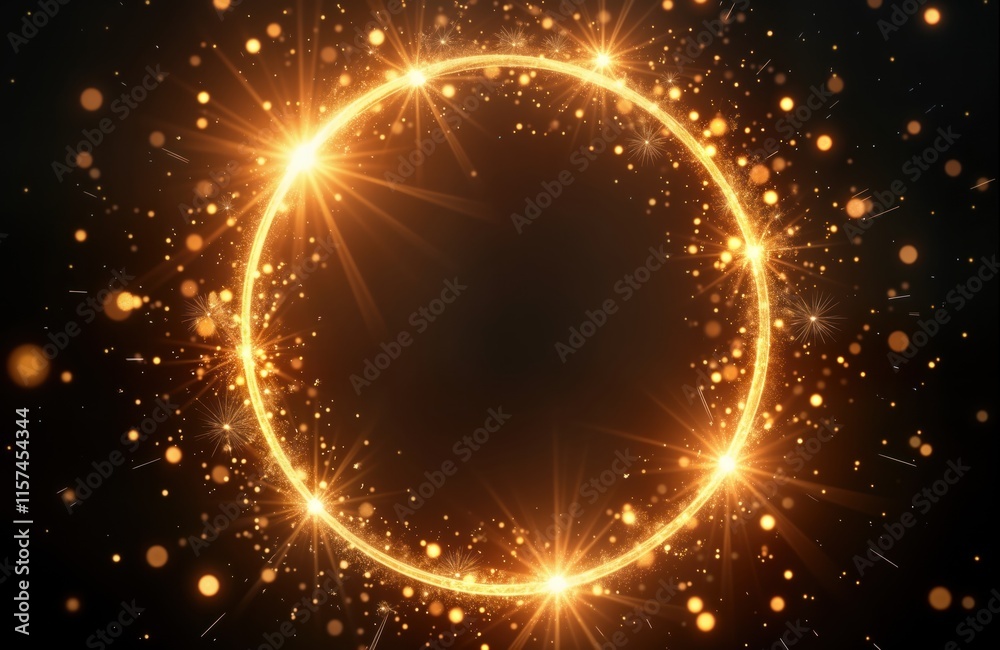 Aufkleber Golden glitter circle design on dark background. Sparkling light particles form circle frame. Bright shine, glow create magical effect. Sparkles, glitter effect give impression of firework explosion.