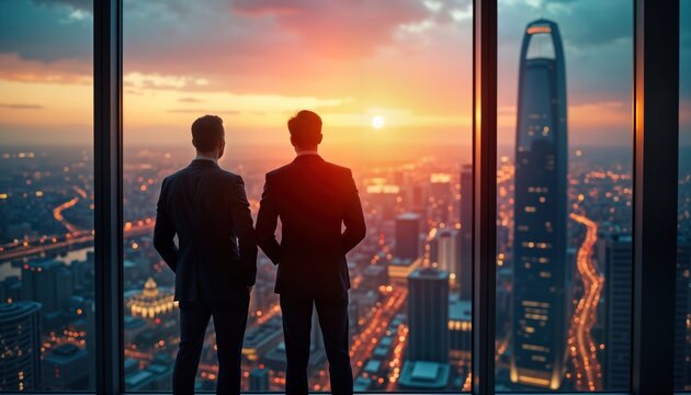 Two businessmen stand in high-rise office gazing out at city skyline at sunset. Look thoughtful, successful. Indoor view. City panorama view. Sunset view from office window. Business concept. - Powered by Adobe