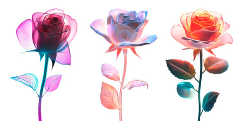 PNG Vibrant neon rose flowers high-fidelity, isolated on transparent background	