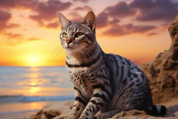 Obraz premium Portrait of a smiling egyptian mau cat isolated in beautiful beach sunset