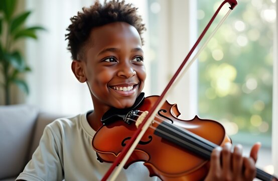 Smiling young African boy plays violin at home. Focused on musical lesson. Interior home setting calm, inviting. Practices music skill. Boy happy, learning music. Photo shows child learning musical