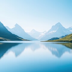 Serene mountain lake reflecting majestic peaks under a clear sky.