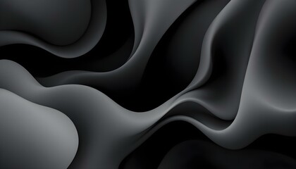 Fototapeta premium Black and grey abstract background with 3d flow gradient shapes. Trendy horizontal design template for banners, flyers, covers, and presentations. Soft waves seamless texture on shiny black background