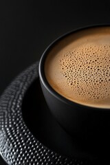 Close-up of a dark coffee cup with frothy surface on a textured plate, perfect for a cozy coffee break, beverage enjoyment, or gourmet cafÃ© aesthetics.
