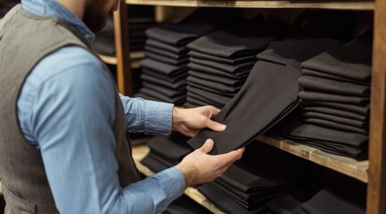 Choosing black pants in a retail store while browsing racks