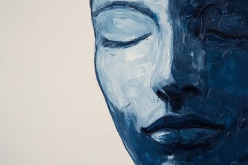 Close-up of an abstract blue-painted face with eyes closed, representing tranquility,...