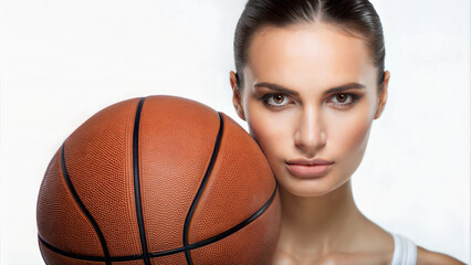 Confident woman holding basketball against white background, symbolizing strength, focus, and active lifestyle. Ideal for sports gear ads, motivational articles, and fitness campaigns