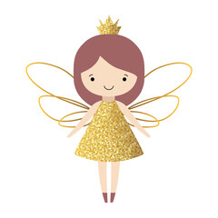 Little fairy in golden shining clothes. Fairytale gentle princess with wings. Cute fairy.